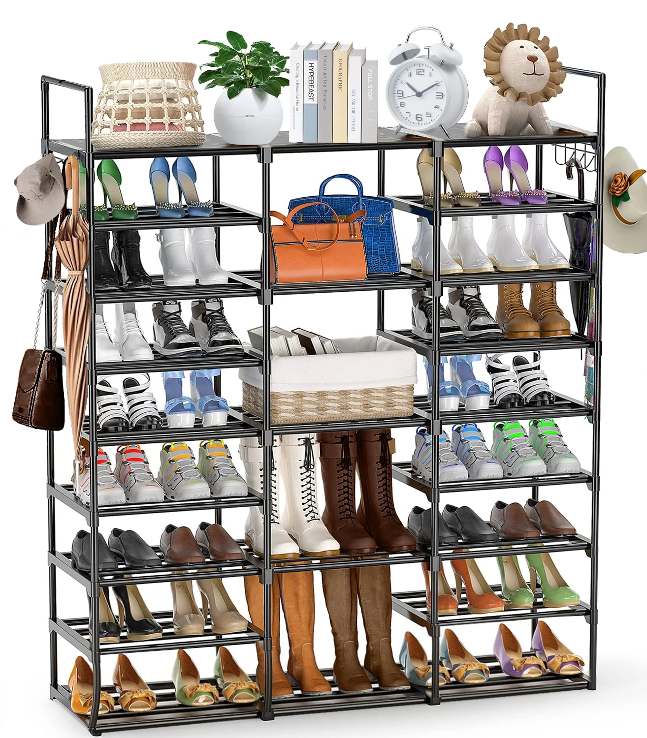Fiuion 9 Tiers Large Shoe Rack Storage Organizer for Entryway Closet, Metal Shoe Storage Shelf for 50-55 Pairs Shoe and Boots, Space Saving Large Shoe Cabinet for Bedroom Cloakroom Hallway, Black