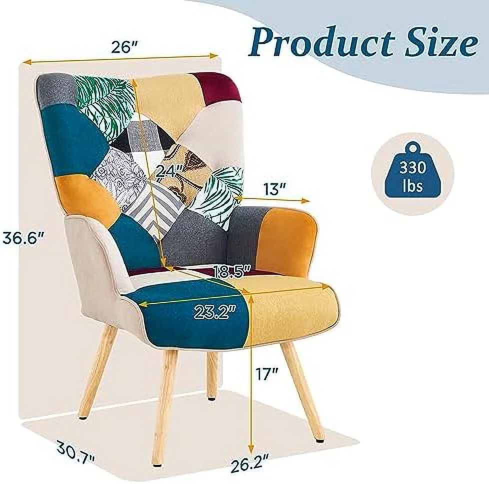 HOOMHIBIU Accent Chair  Living Room Chair  Modern High Back Armchair  Colorful Patchwork Reading Chairs for Bedroom  Lounge Chair with Linen Fabric Shell and Solid Wood Feets (1  Blue)