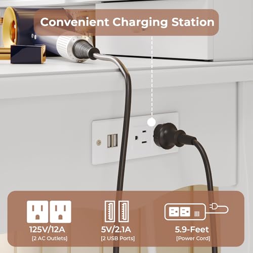 Tiptiper White Makeup Vanity with Lights & Charging Station, Vanity Desk with Mirror and 3 Colors of Lighting Effects, Vanity Table with Tri-Fold Mirror & Necklace Hooks, Makeup Table with Stool