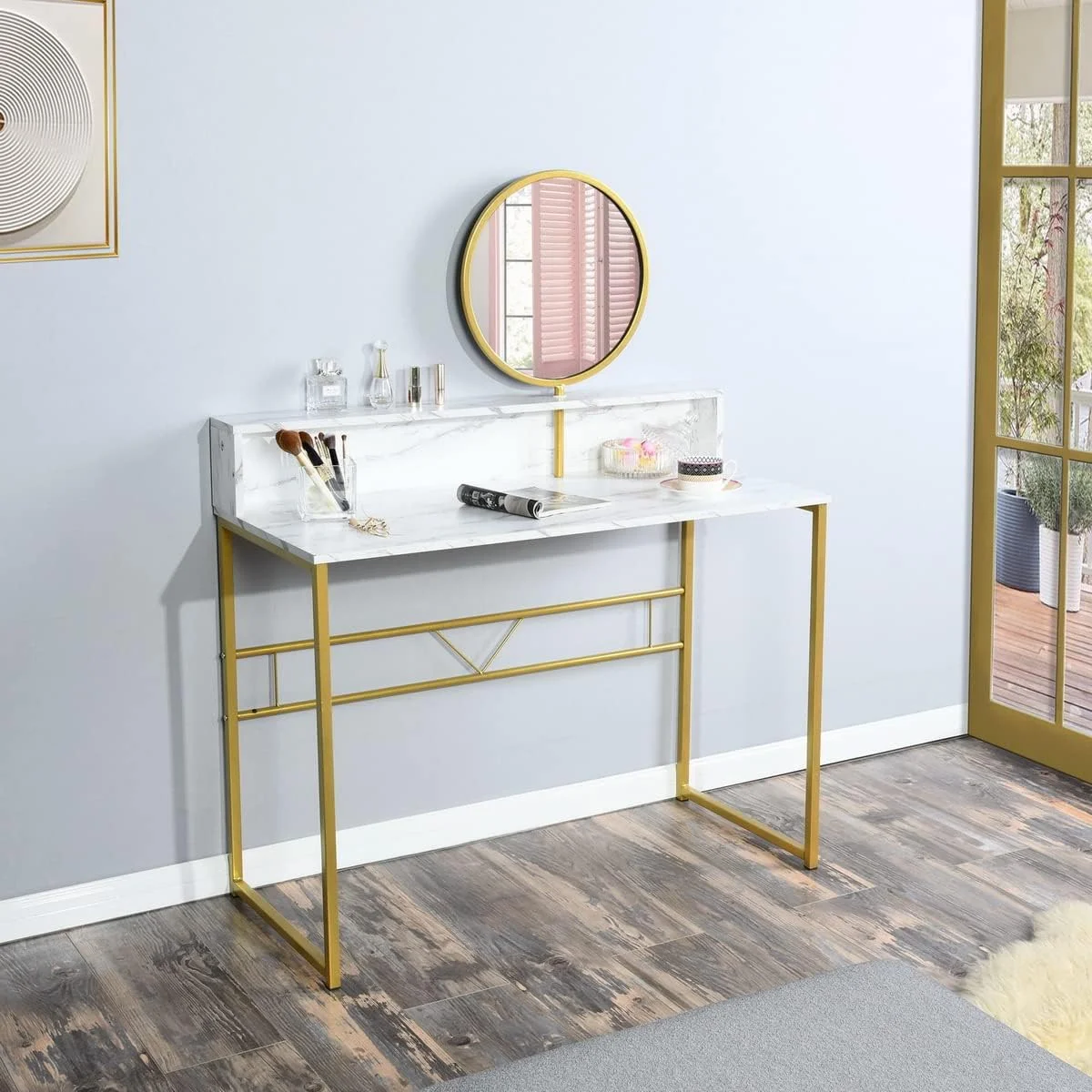 Homylin 41-inch Vanity Desk with Removable Circular Mirror Retro Simple Makeup Dressing Table Multifunctional Oval Dressing Desk Writing Desk for Bedroom Studio,white