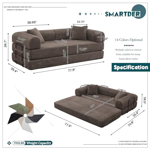 Convertible Folding Sofa Bed, Modular Floor Sofa with Removable Backrest, 3-Seater Fold Out Couch Bed with Pillows, King Size Futon Lazy Couch Corduroy Sleeper for Living Room, Dorm, Green