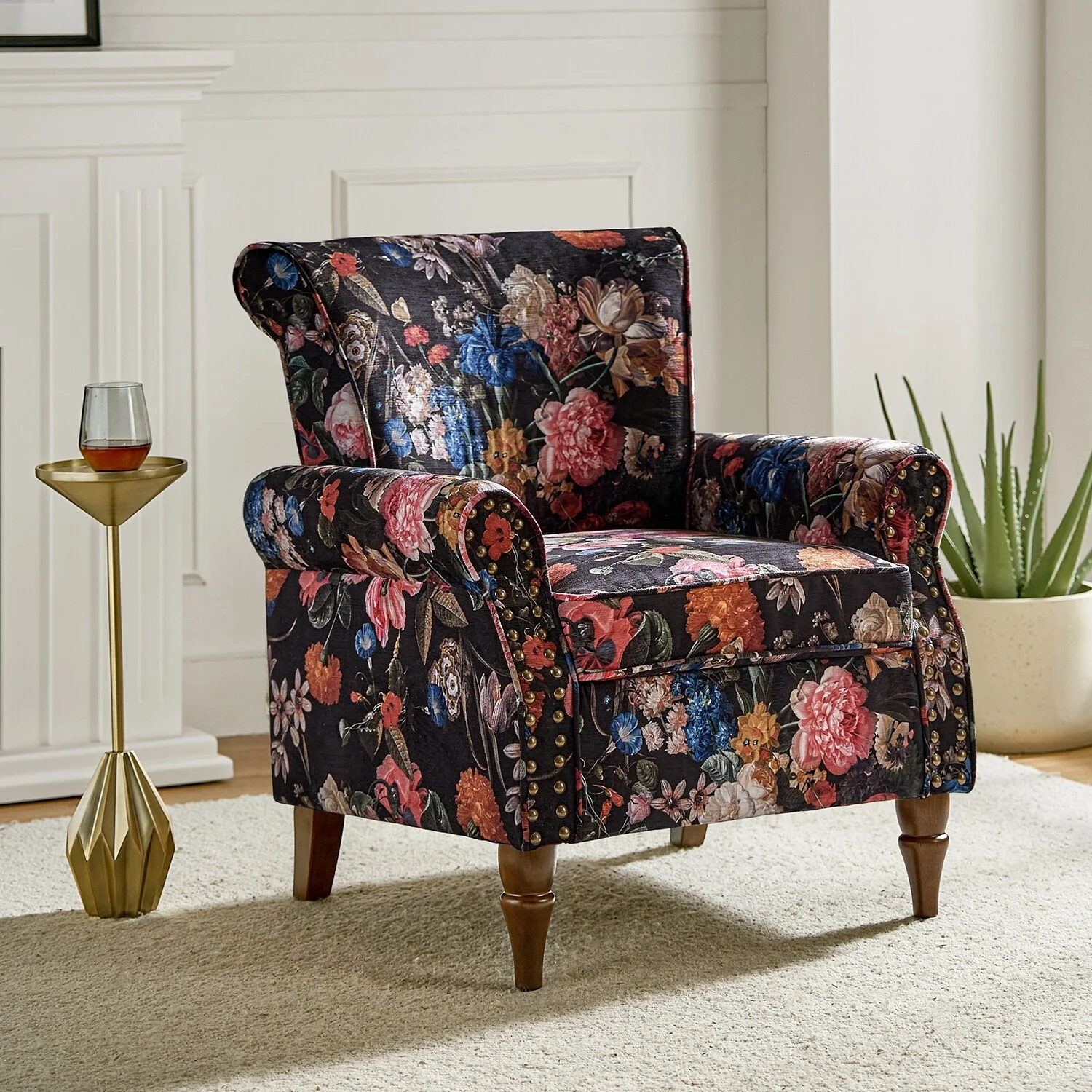 HULALA HOME Avelina Nailhead Trim Comfy Accent Armchair with Rolled Arms BLACK Floral