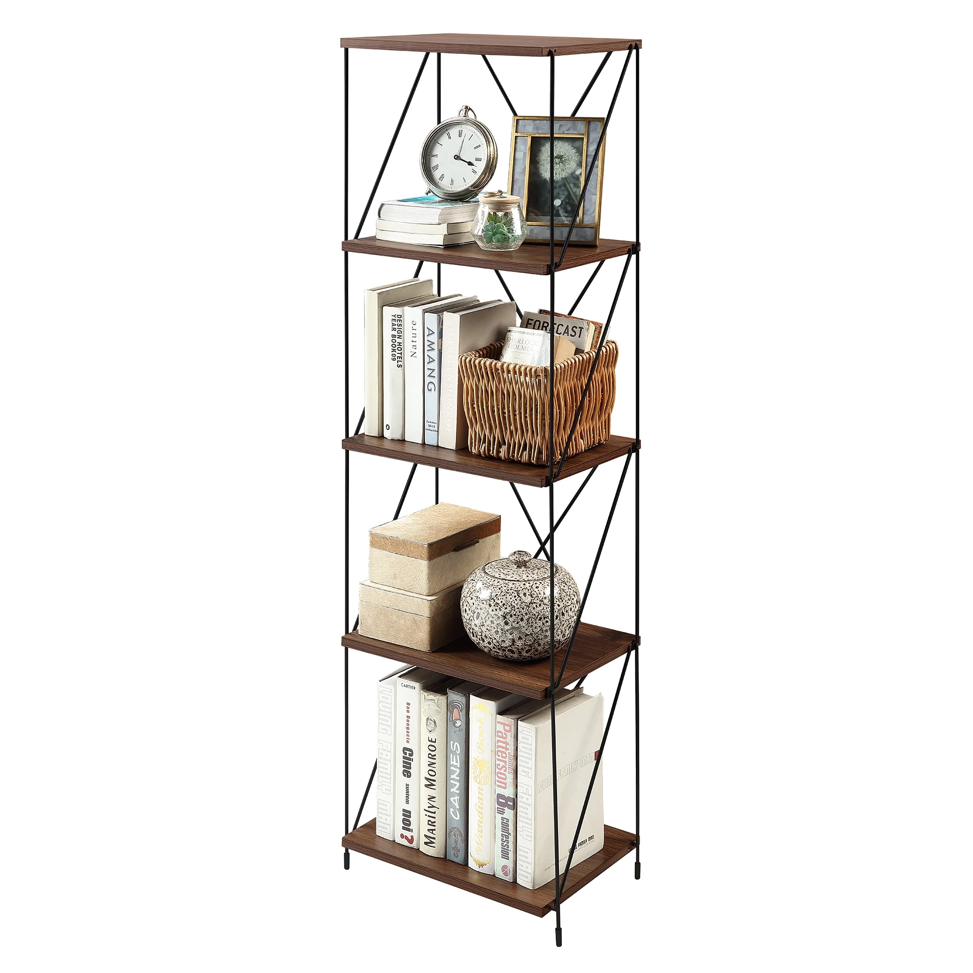 Huisenitre 5-Tier Multipurpose Bookcase Walnut Brown Wooden Storage Shelf with Metal Frame, No Tools