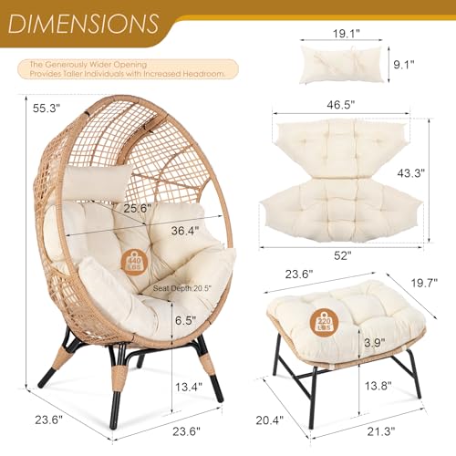 NICESOUL Egg Chair Indoor Outdoor, Large Egg Lounge Chair w/Ottoman, Oversized Comfy Cushioned Brid Cage Seat 440lbs, Boho Nest Seat with Footstool for Patio, Bedroom, Lawn, Backyard, Brown