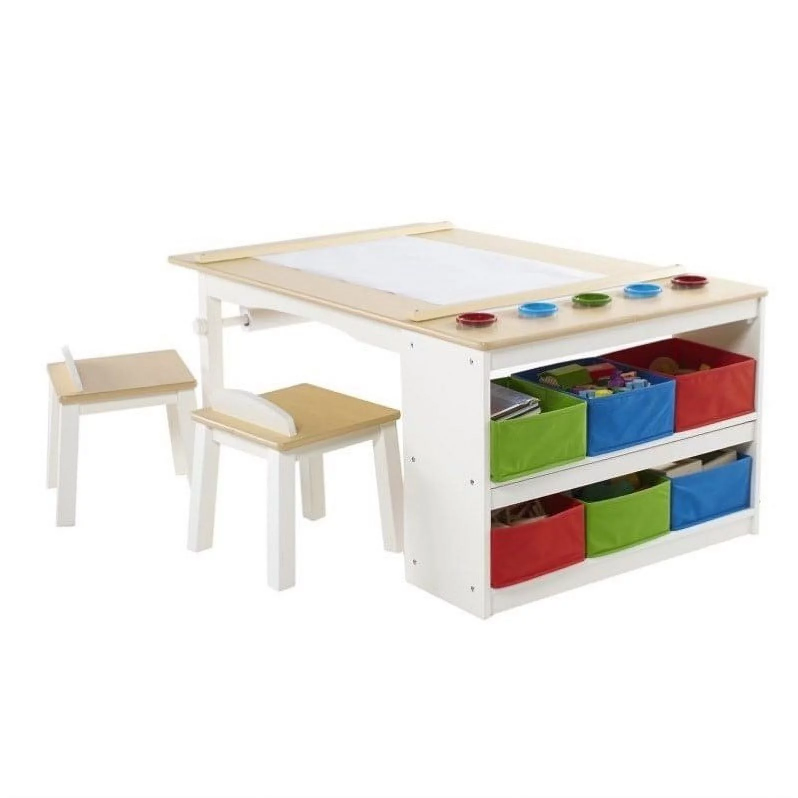 Guidecraft Arts and Crafts Center: Kids Activity Table and Drawing Desk with Stools, Storage Canvas Bins, Paper Roller, and Paint Cups | Toddlers Work Station - Children's Wooden Learning Furniture