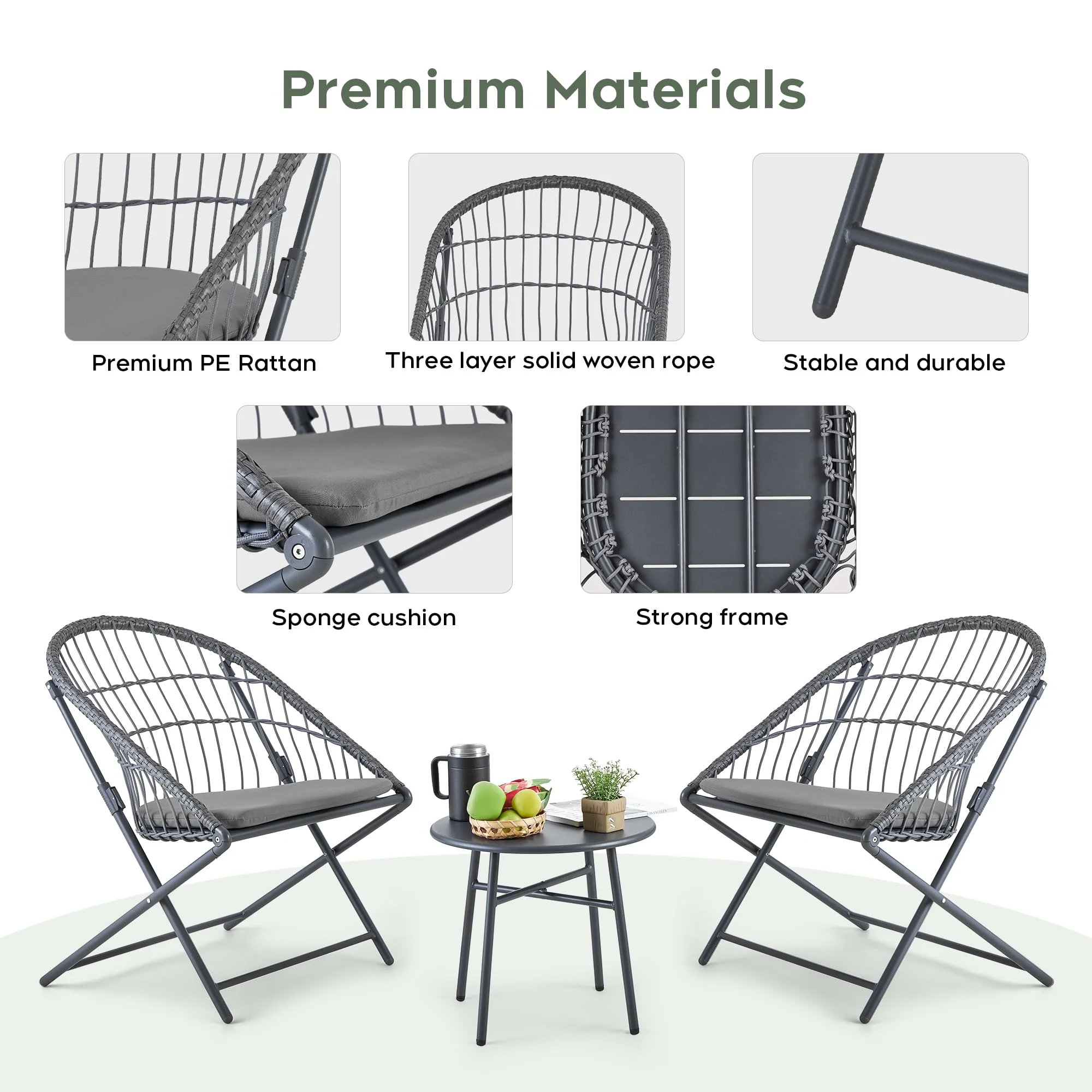 Patio Chairs with Table, Wicker Patio Furniture Set with Folding Function, Balcony Furniture, Outdoor Furniture for Porch Backyard Garden Deck Poolside, Folding Chairs/Dark Grey, Set of 3