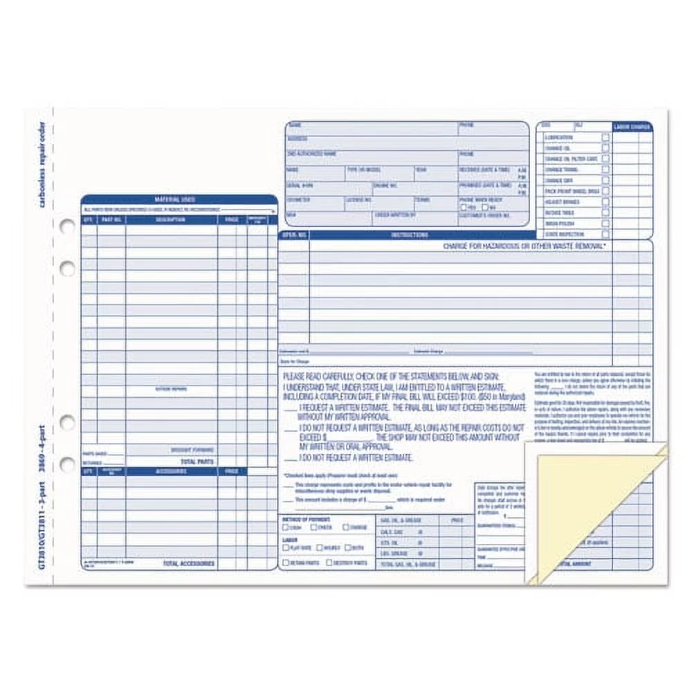 Auto Repair Four-Part Carbonless, Four-Part Carbonless, 8.5 X 11, 50 Forms | Bundle of 5 Packs