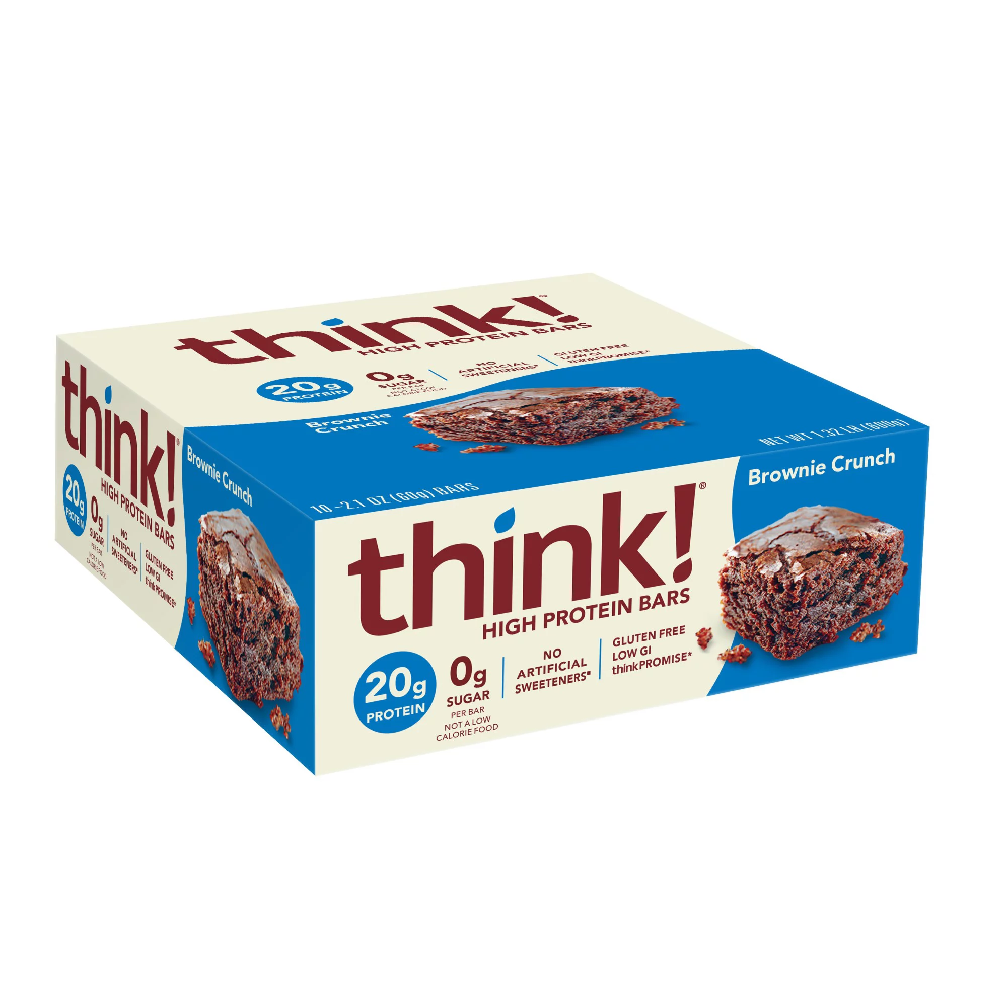 think! High Protein Bar, Brownie Crunch, 20g Protein, Gluten Free, Low GI, 10 Count