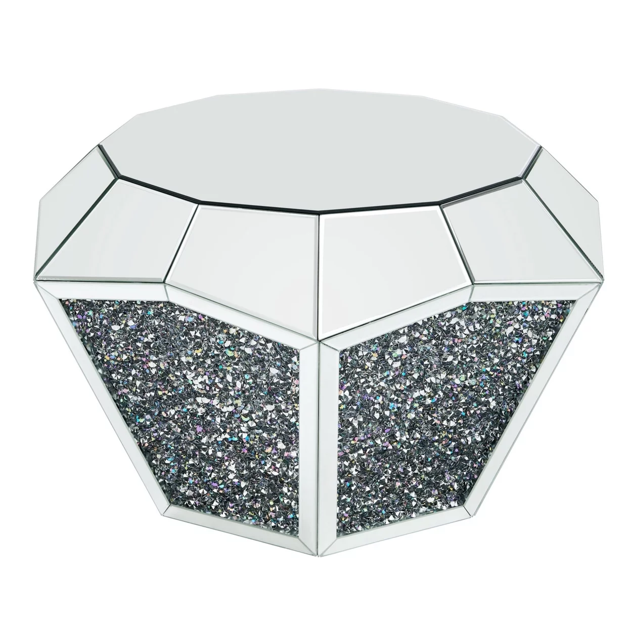Mirror Octagonal Shape Coffee Table with Faux Diamond Inlays, Silver- Saltoro Sherpi