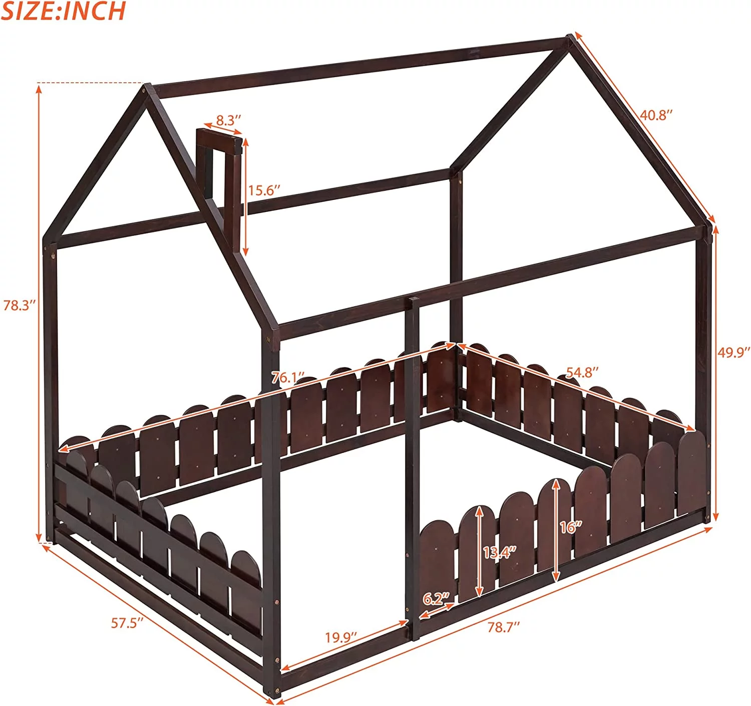 House Full Bed For Kids, Full Size Bed Frame With Pine Wood Roof, Fence-Shaped Guardrails, Cabin Bed, Floor Bed For Kids, Teens (Espresso, Full Size)