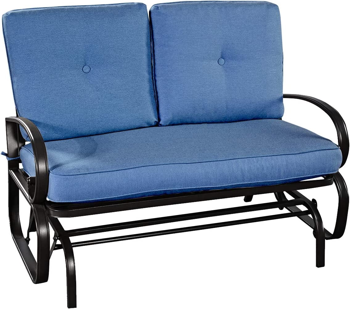 Outdoor Glider Bench, Patio 2 Person Loveseat with Removable Cushion, Padded Seat, Stable Steel Frame, Outside Glider Swing Chair for Deck, Poolside, Backyard, Balcony, Porch Glider(Navy)