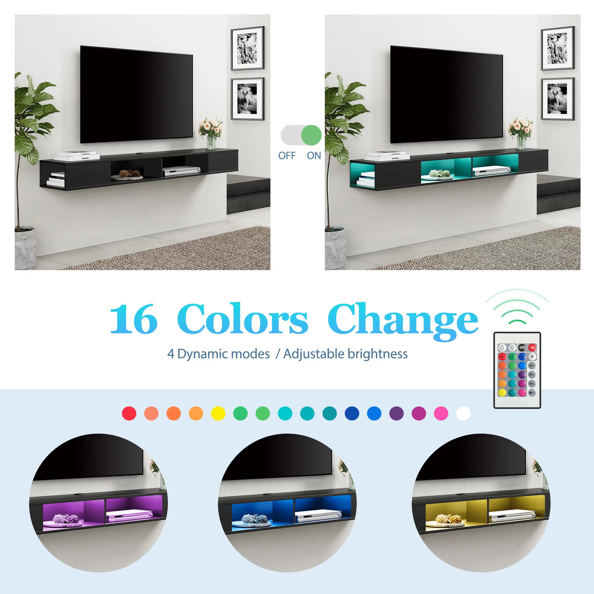 70 inch Floating TV Stand with RGB Light for Living Room, Black
