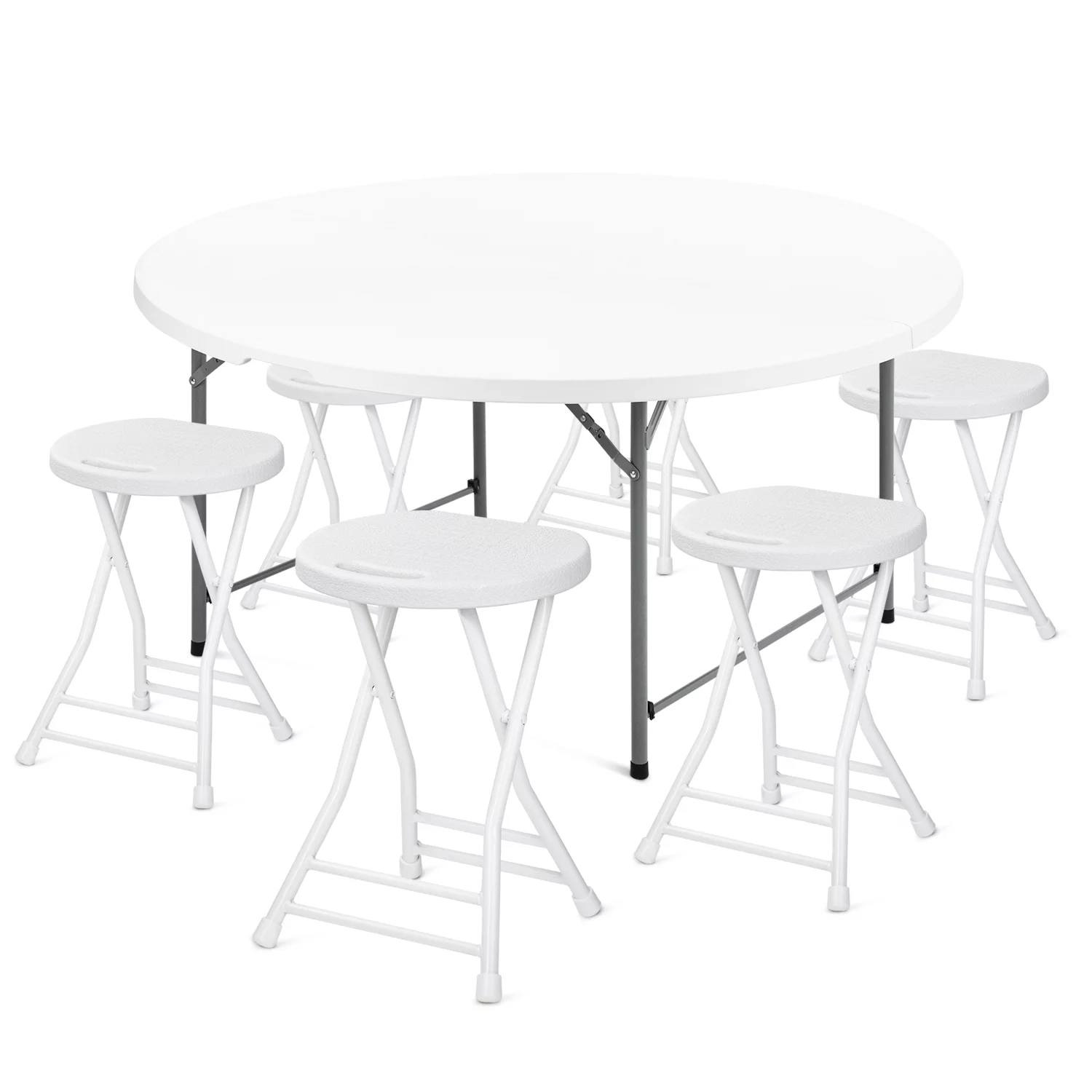 Magshion 7 Pieces 4.5 FT Folding Round Table and Chair Set, Event Wedding Card Desk with Handle and Foldable Stools with Steel Frame, White