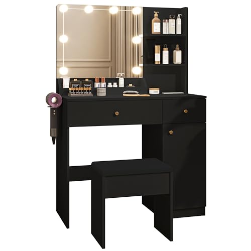 Vanity Desk with Mirror and Lights Dimmable LED Makeup Table with Drawers Side Cabinet 3 Storage Shelves Power Outlet Dressing Table Set Include Holder Cushioned Stool for Bedroom(White)