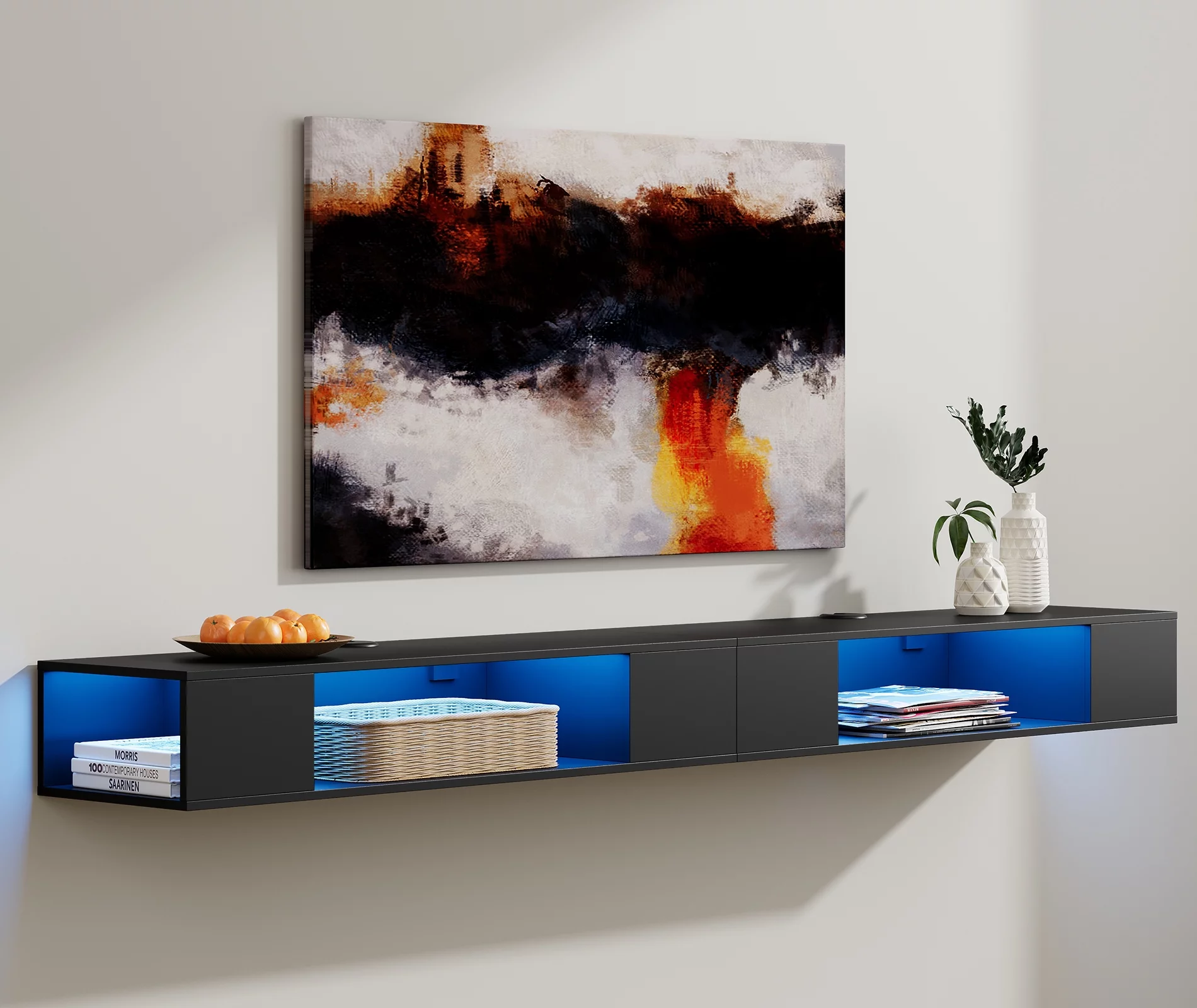 75 inch Blue LED Floating TV Stand for 65/70/75/80/85 inch TVs, Wall Mounted Entertainment Center Media Console Component Under TV, Floating TV Shelf with Storage, Black