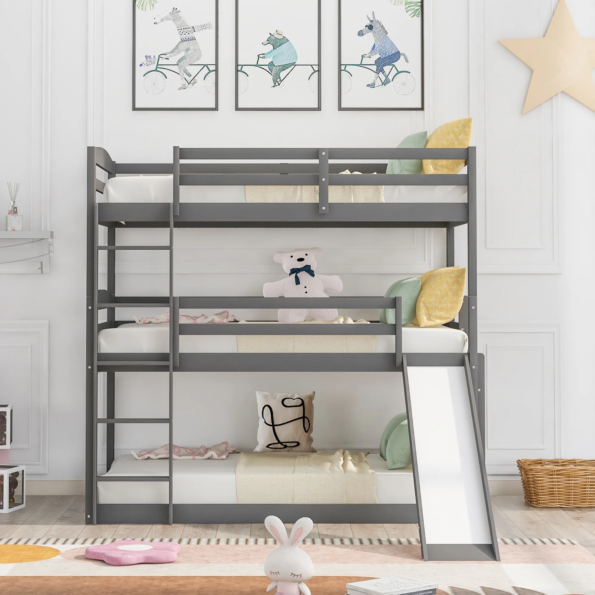 Merax Wood Twin-over-Twin-over-Twin Floor Triple Bunk Bed for Kids Room, Gray