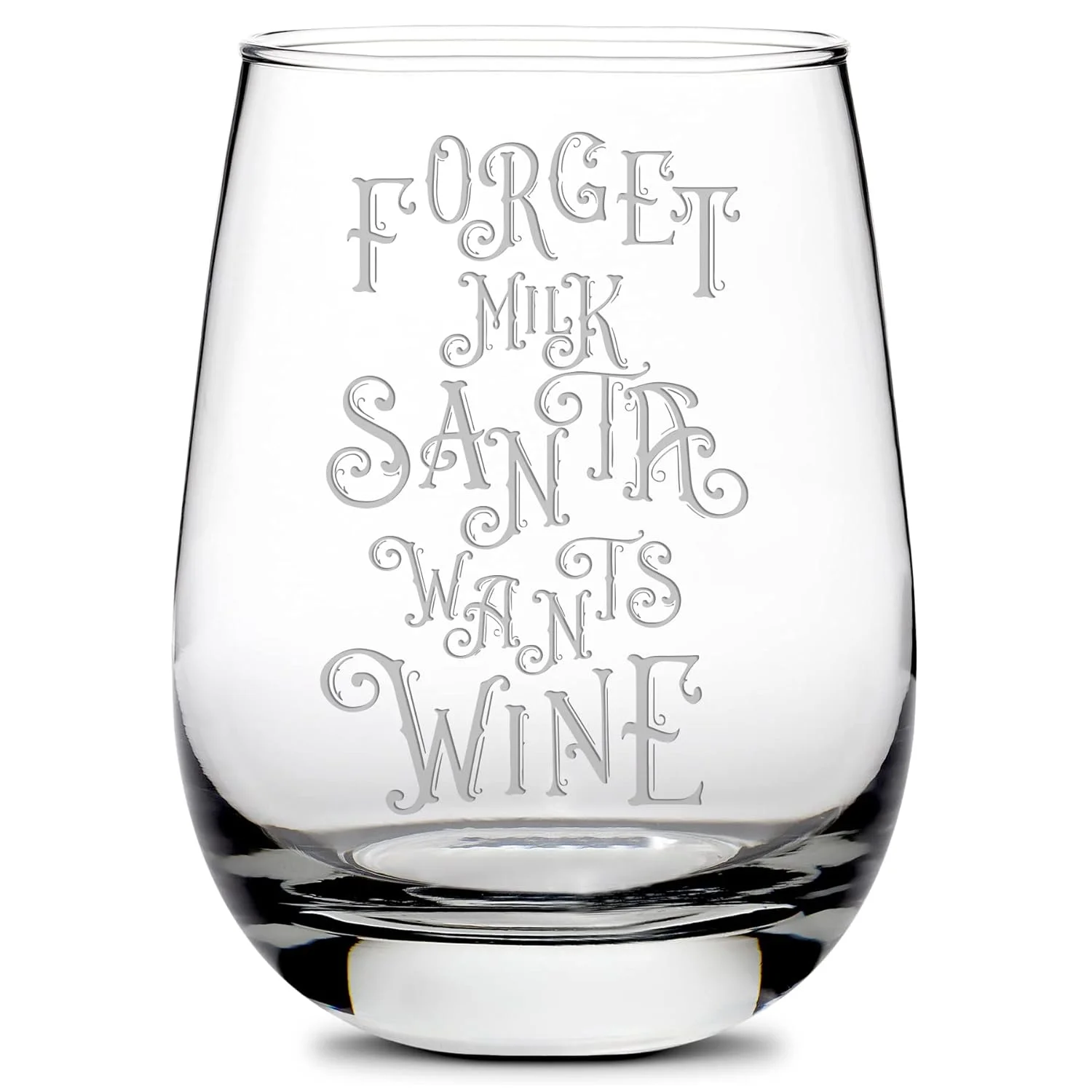 Santa Wants The Wine Stemless Wine Glass Handmade Handblown Hand Etched Gifts Sand Carved 16Oz