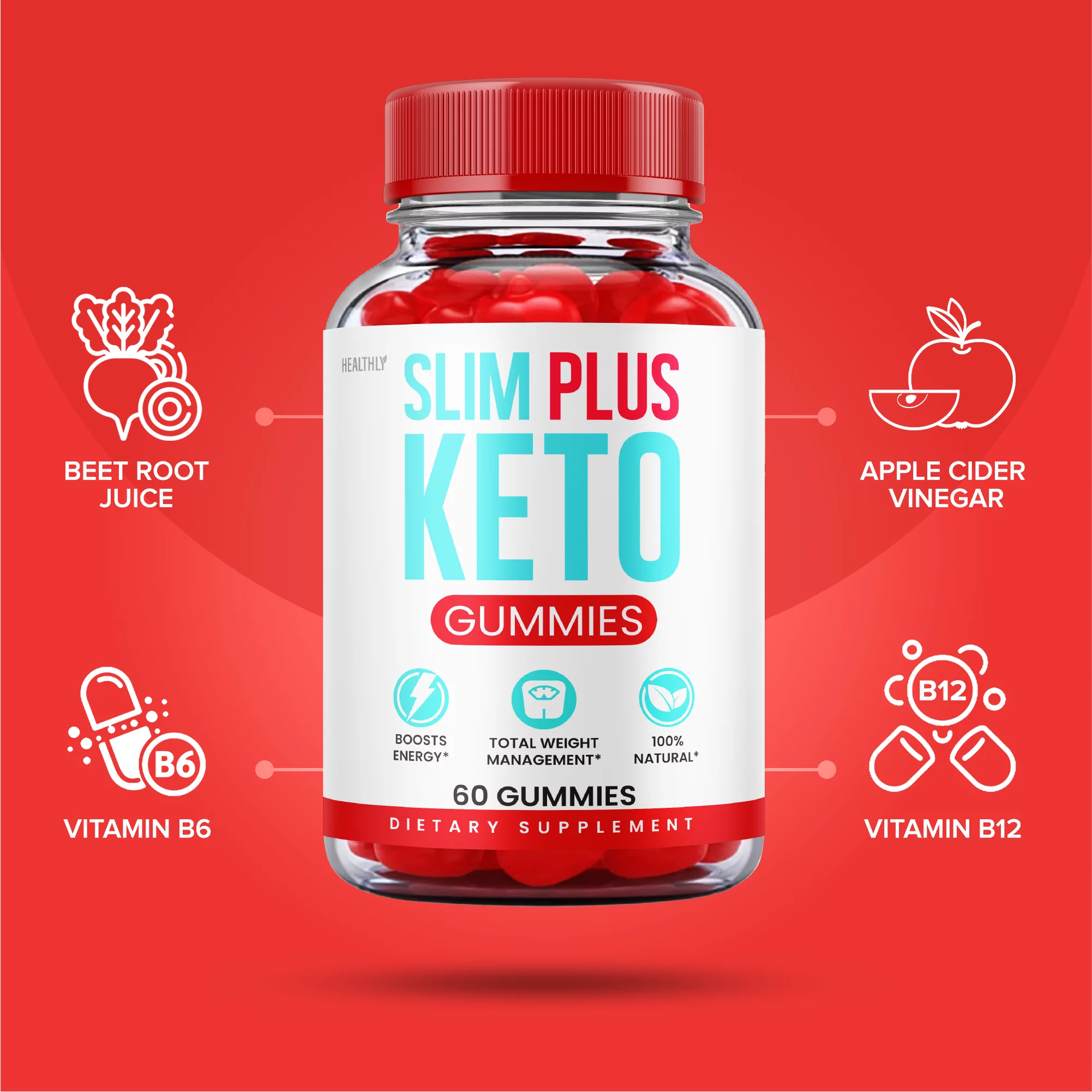 Slim Plus Keto Gummies for Weight Loss ACV Apple Cider Vinegar 100% Natural (60 Gummies)