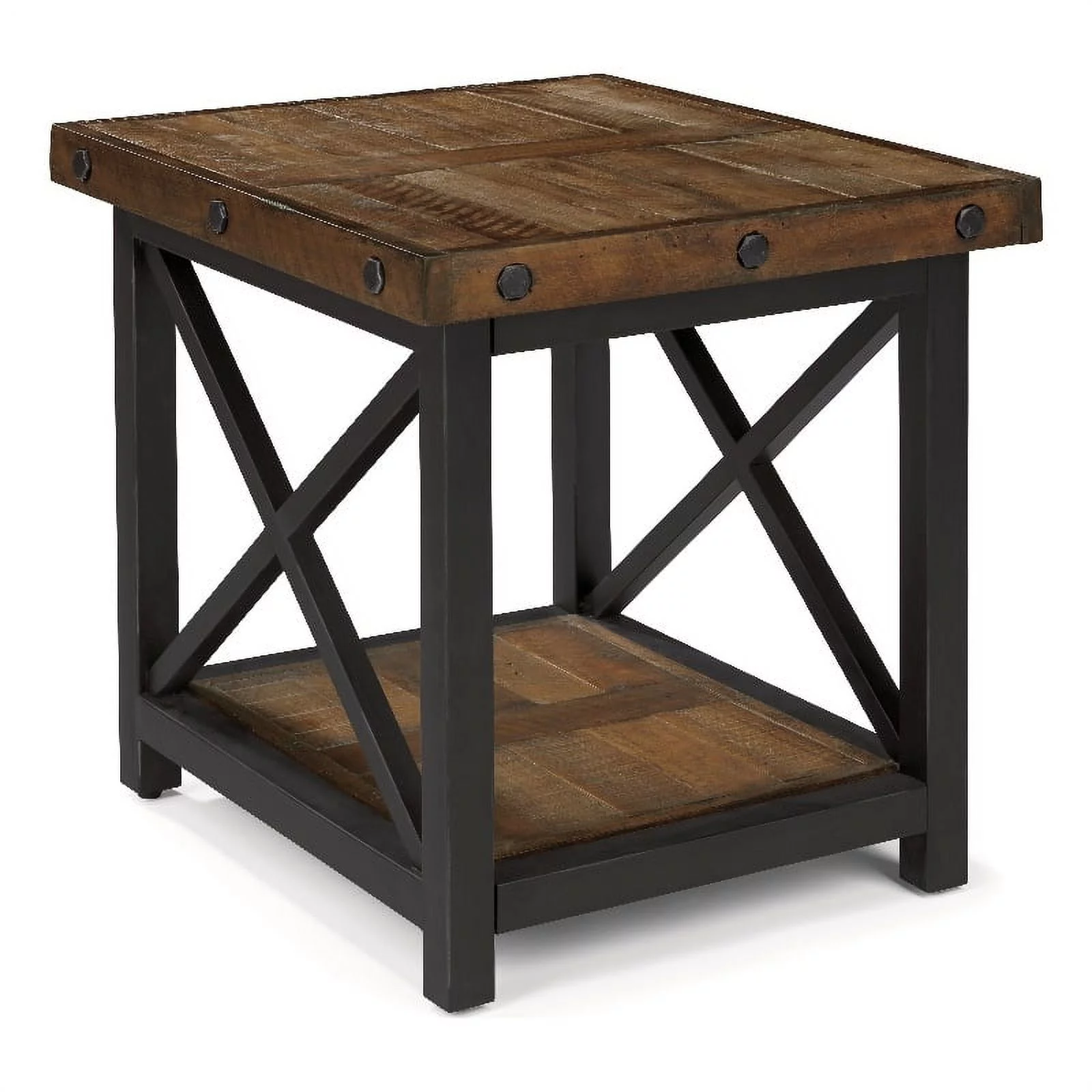 Homestyles Portman Brown End Table with Metal Frame and Exposed Bolt Heads