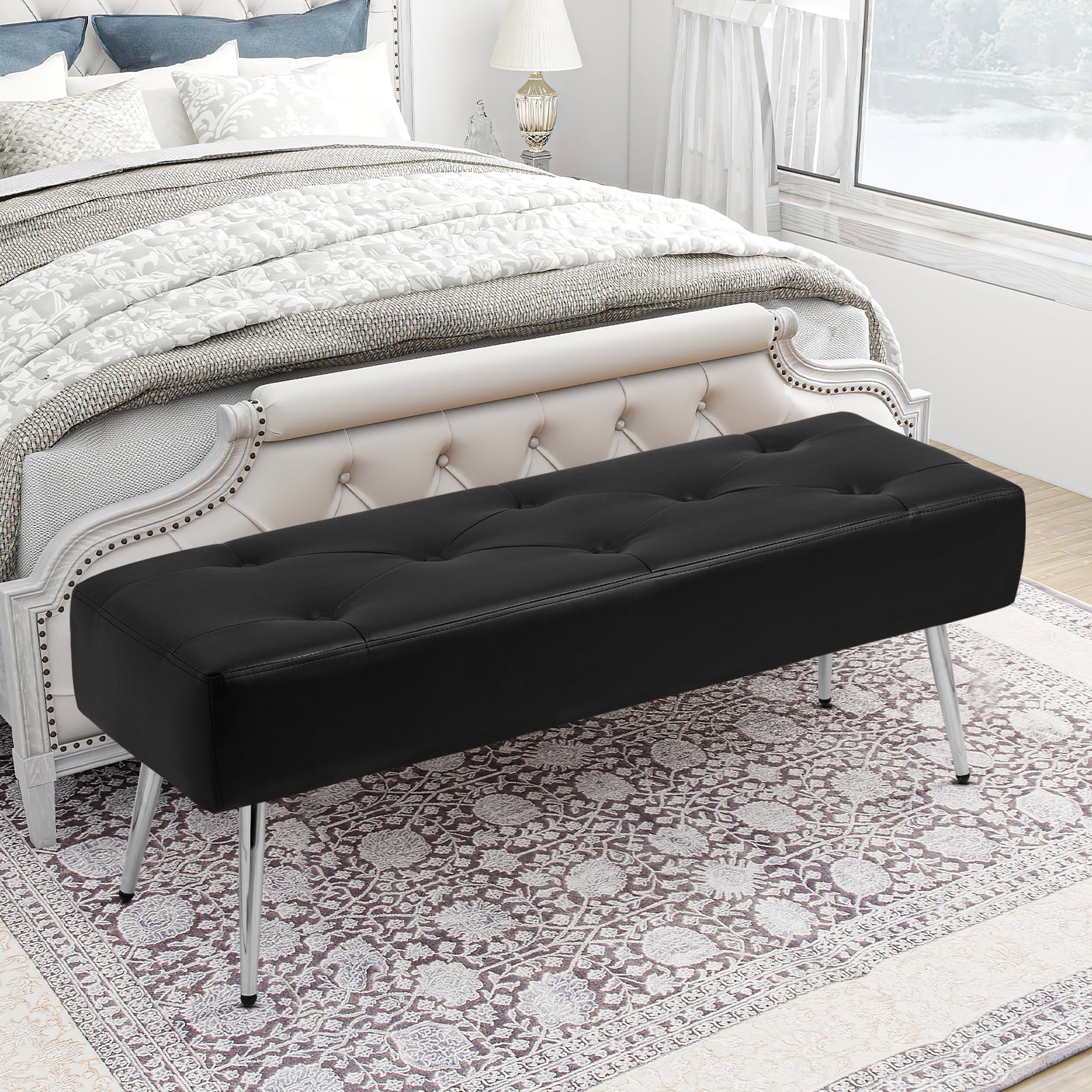 Furniliving Modern Ottoman Bench Upholstered Faux PU Leather Tufted Benches Bedroom Benches for Entryway,Bedroom,Black