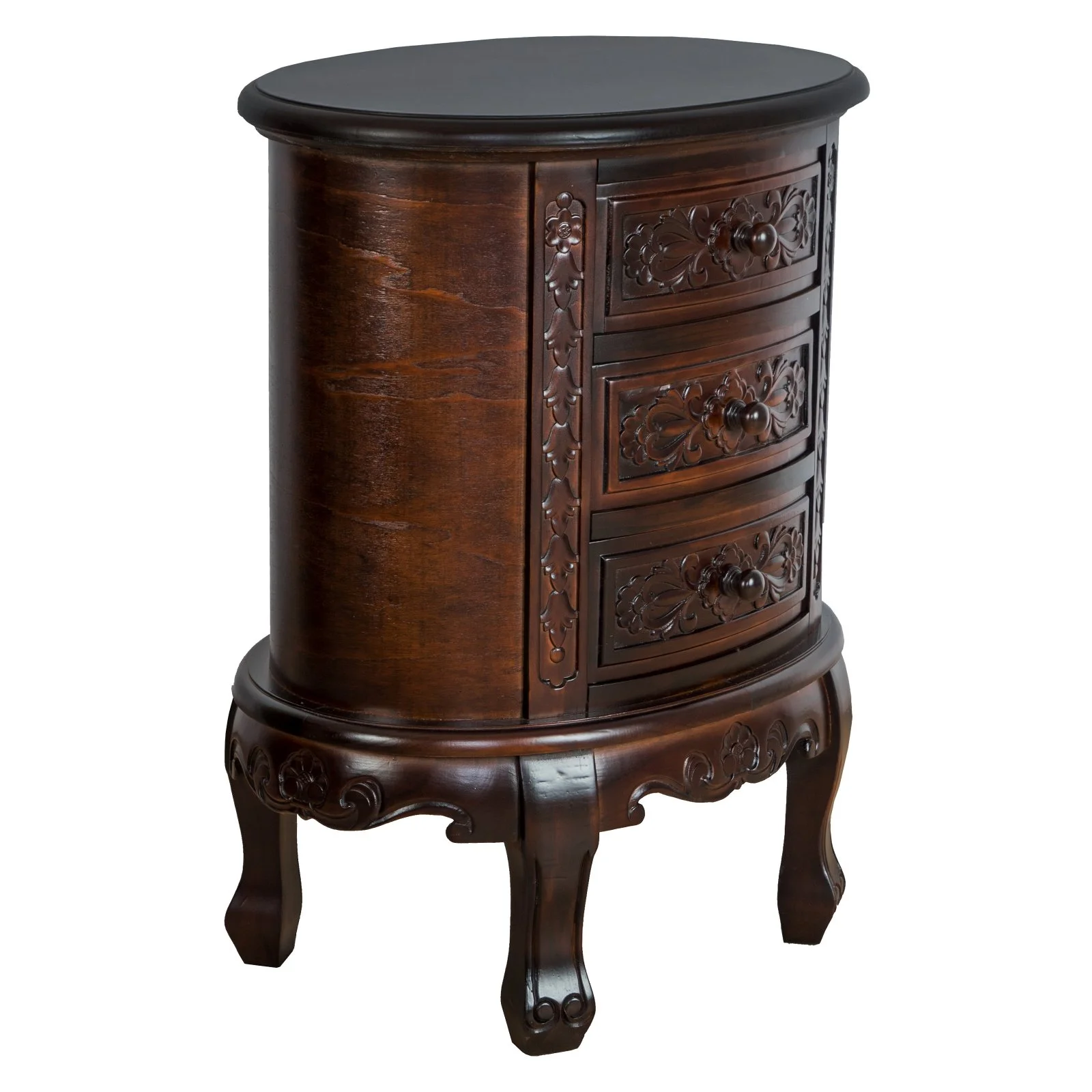 Wooden Chest with 3 Drawer and Scrolled Details, Dark Brown- Saltoro Sherpi