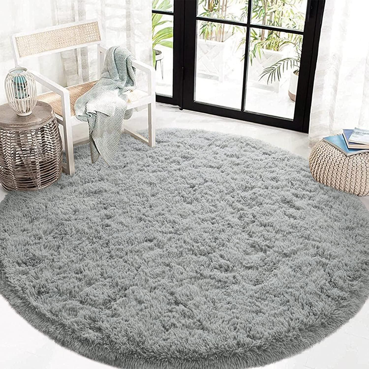 Junovo Luxury Round Fluffy Area Rugs for Bedroom Kids Girls Room Nursery,Super Soft Circle Rug,Cute Shaggy Carpet For Living Room,5'x5',Gray