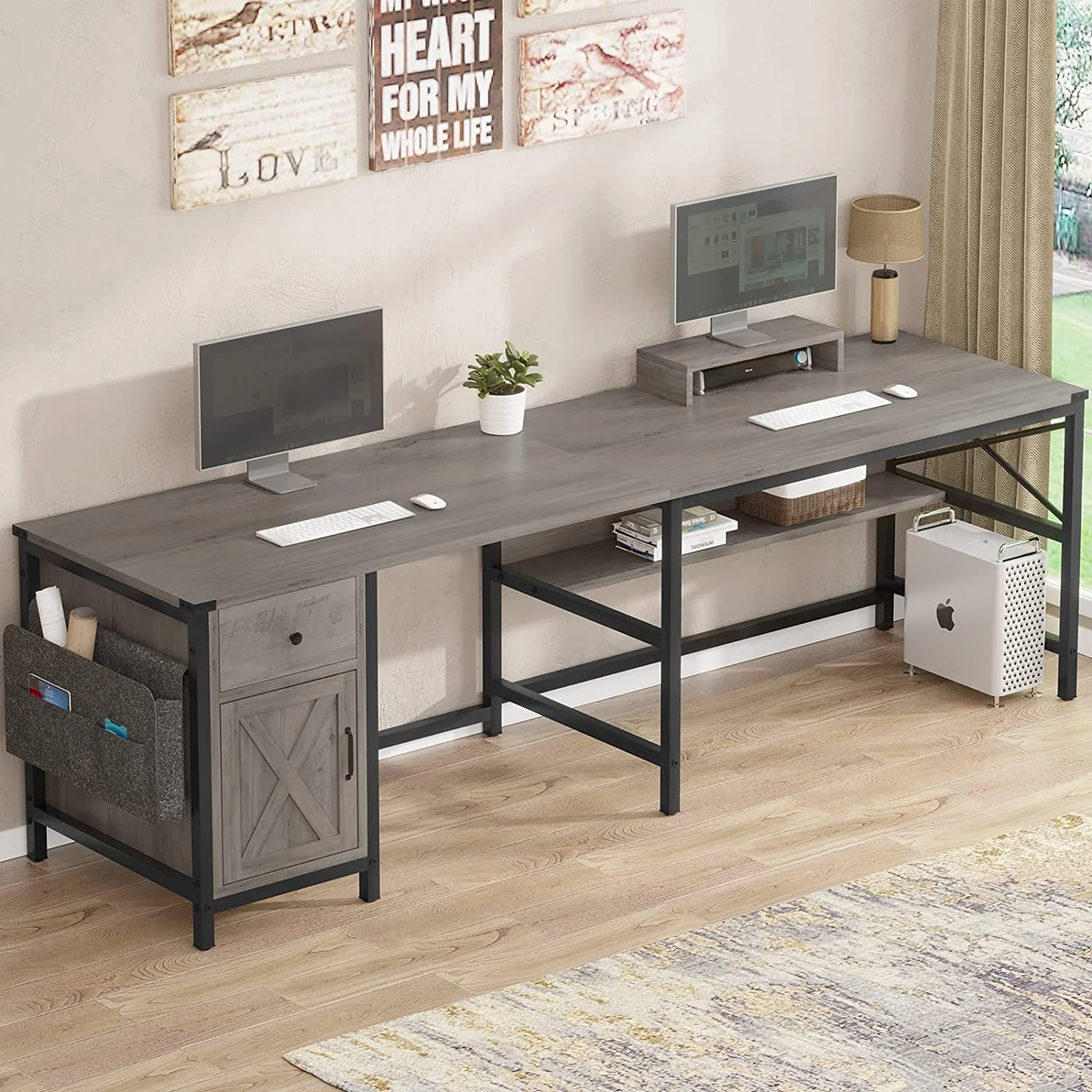 Elrhdgi Office Desk with Drawer and Storage Cabinet,L Shaped Office Desk Computer Desk with Power Strip and Monitor Stand,Grey