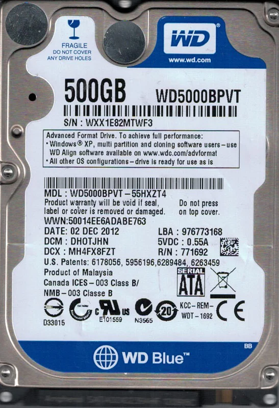 WD5000BPVT-55HXZT4 DCM: DHOTJHN Western Digital 500GB