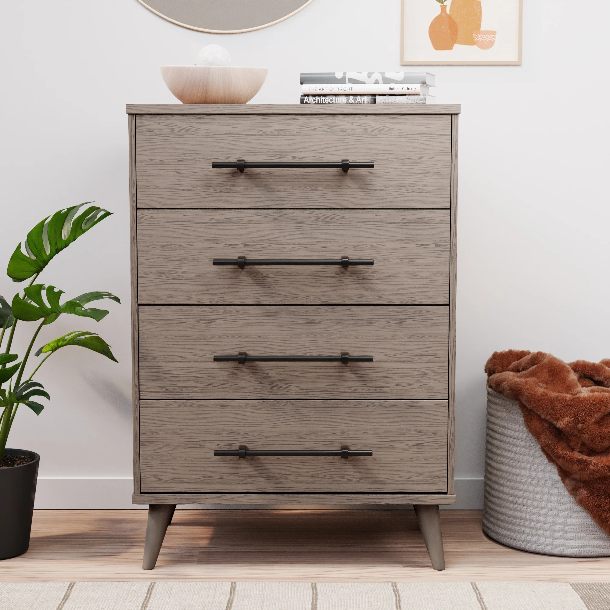 Minority Mid-Century Modern 4 Drawer Wood Dresser  Natural