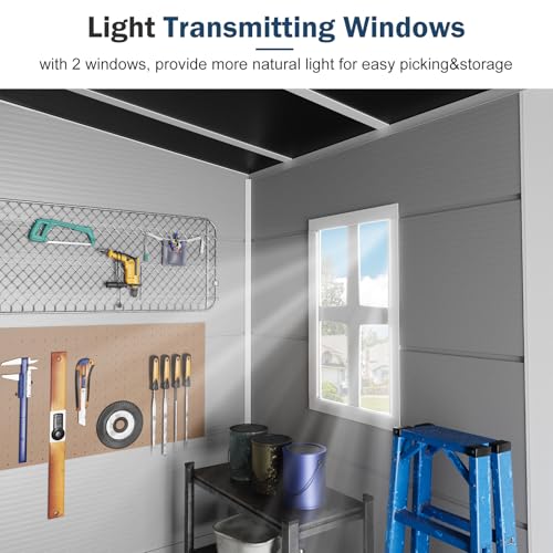 Outdoor Resin Storage Shed with Floor 8x6x7 FT Waterproof Wider Door Outside Plastic Sheds Kit for Backyard Garden Patio Lawn Tools, Gray