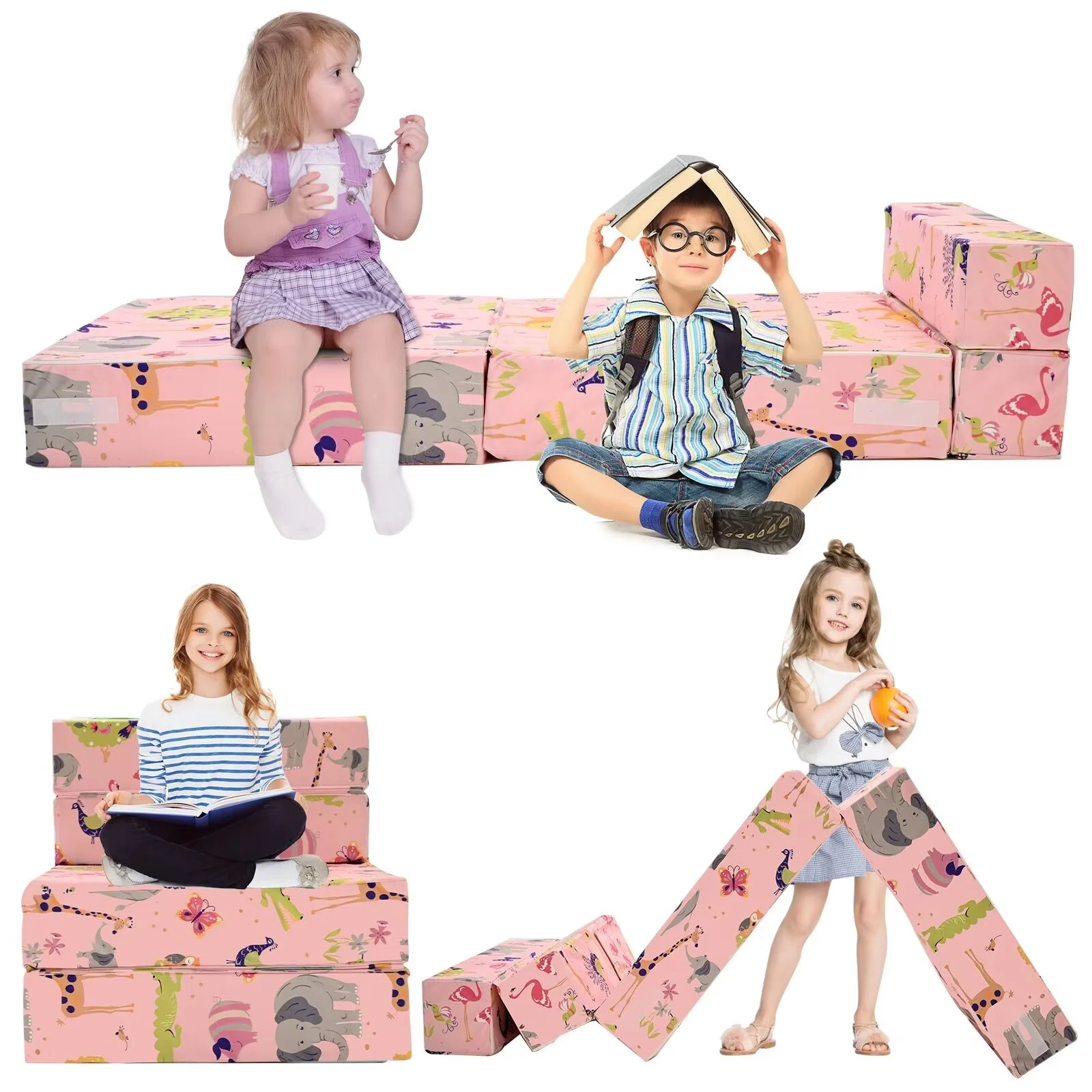 MOPHOTO Furniture Kids Fold Out Couch 2-in-1 Children Convertible Sofa to Lounger with Soft Plush Fabric, Toddler Couch Chair (Pink)