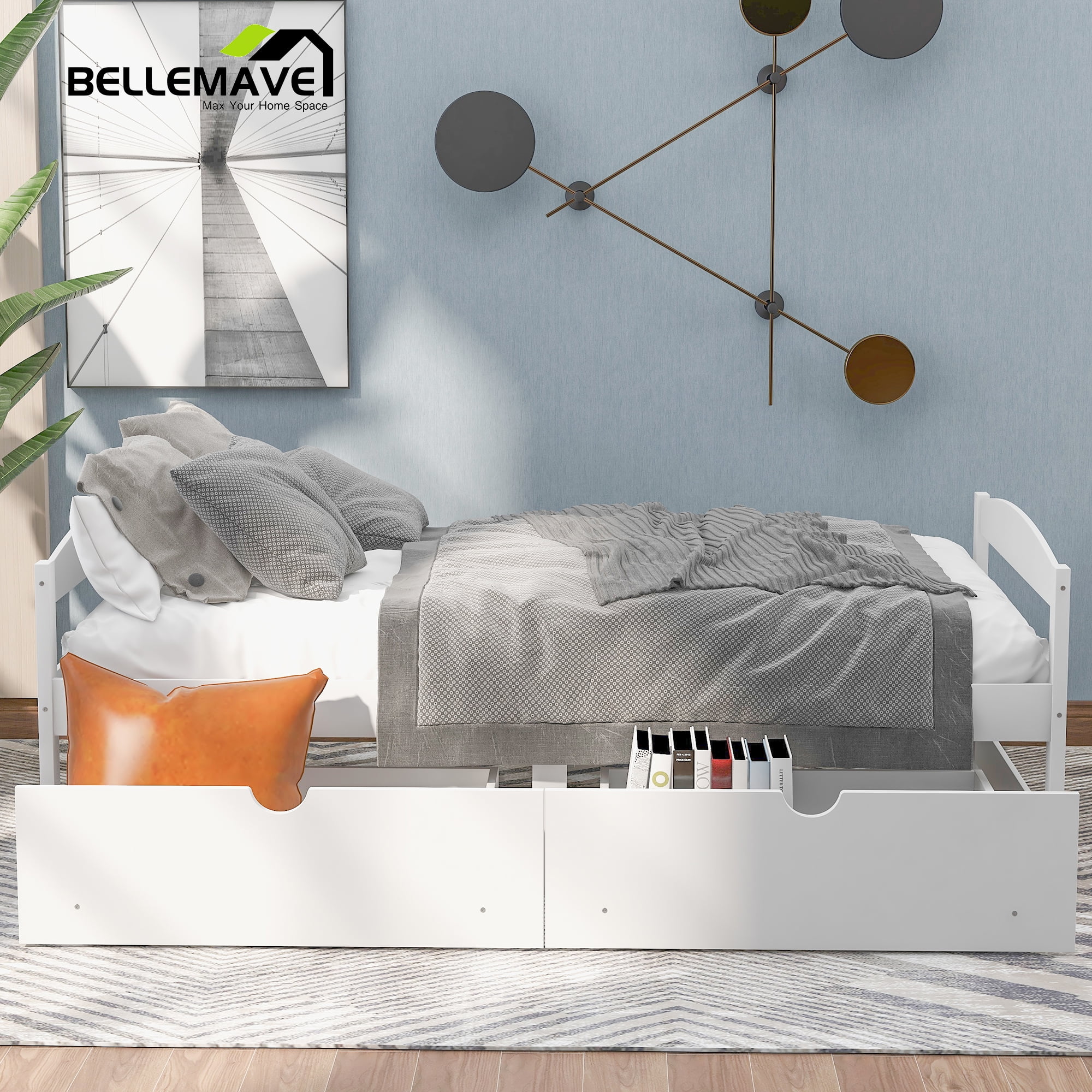 Bellemave White Twin Size Platform Bed with 2 Drawers for Bedroom Living Room, Wood Frame Twin Size Platform Bed Daybed with Slats