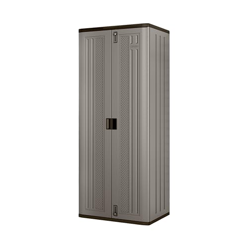 Suncast Tall Storage Cabinet, Platinum Resin Outdoor & Garage Storage Cabinet with Doors & Shelves, Plastic, Weather-Resistant, Lockable, Freestanding Utility Closet for Tools & Supplies, Made in USA