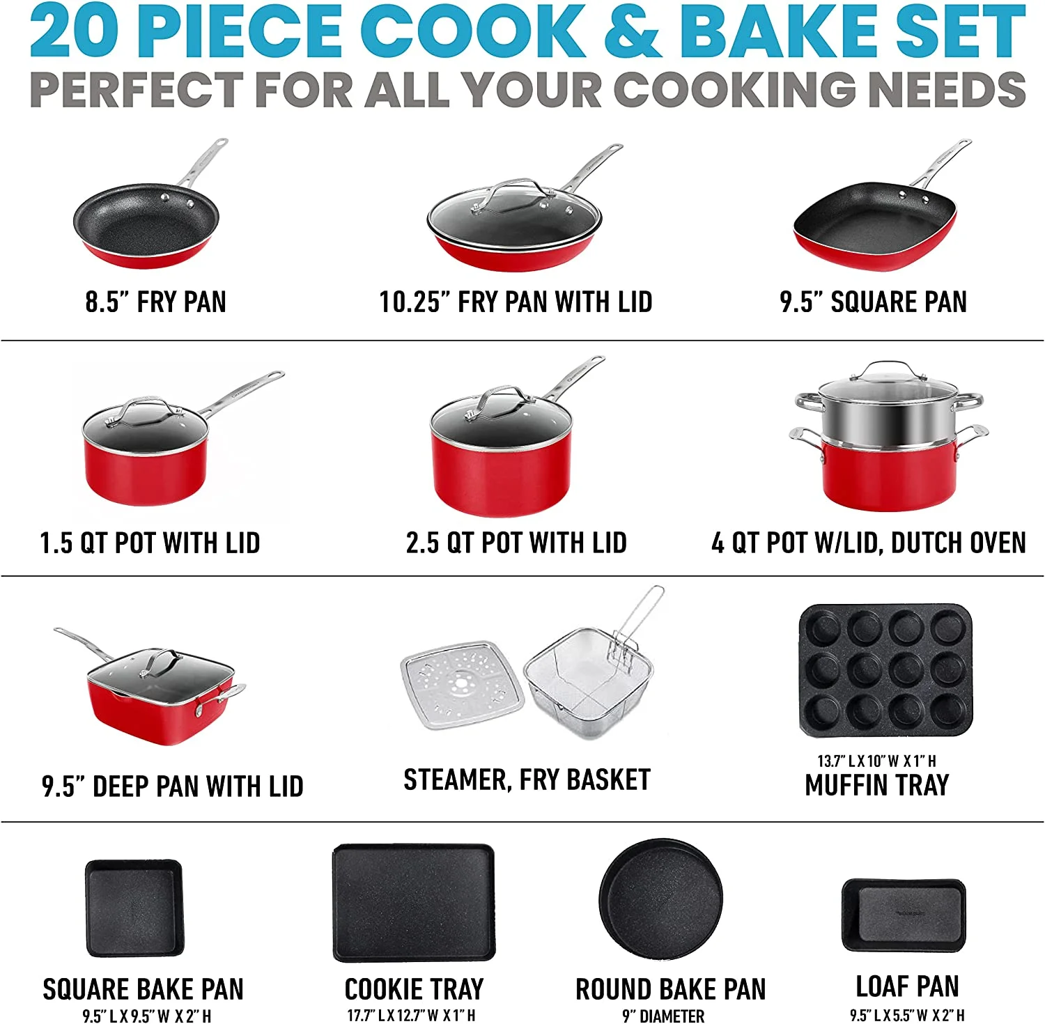 Excellent en Red Pots and Pans Set Nonstick  20 Pc Kitchen Cookware Set & Bakeware Set with Mineral & Diamond Coating  Long Lasting Nonstick  Ultra Durable  Oven and Dishwasher Sa