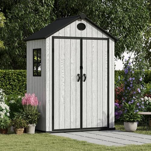 4.4x6 FT Resin Outdoor Storage Shed, 230 Cuft Garden Tool Sheds & Outdoor Storage Plastic Shed with Floor, 7FT Tall Backyard Outside Lawn Mower Storage Shed with Side Window, Cemented Grey Black