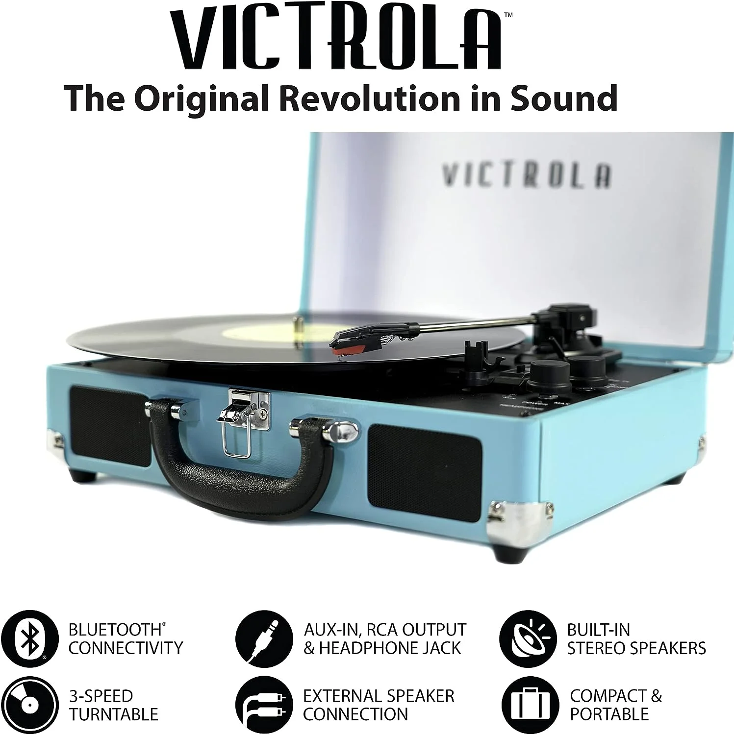 Victrola Vintage Journey 3-Speed Bluetooth Portable Suitcase Record Player with Built-in Speakers | Upgraded Turntable Audio Sound | Extra Stylus Bundle with Cleaning Kit - Turquoise, VSC-550BT-TQ