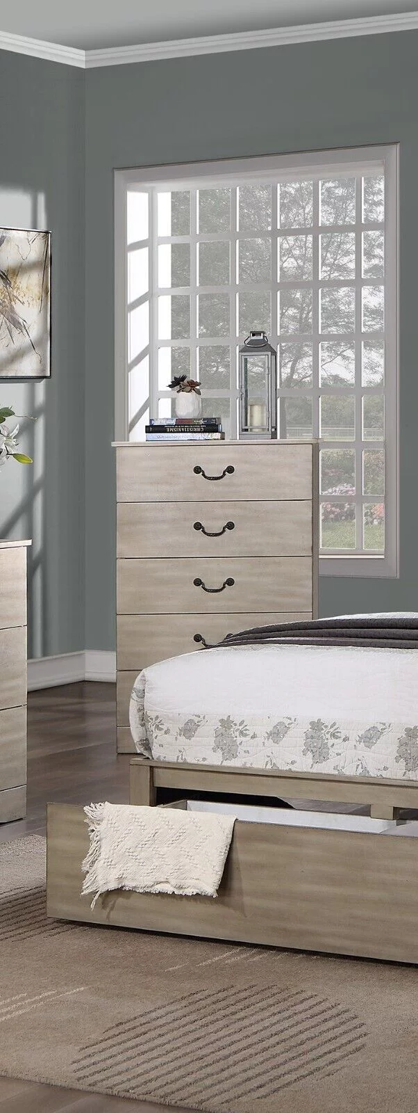 6pc Bedroom Set Classic Chic Cal King Size Bed w underbed Drawer Dresser Mirror Nightstands Chest Light Tan Finish Hue Furniture