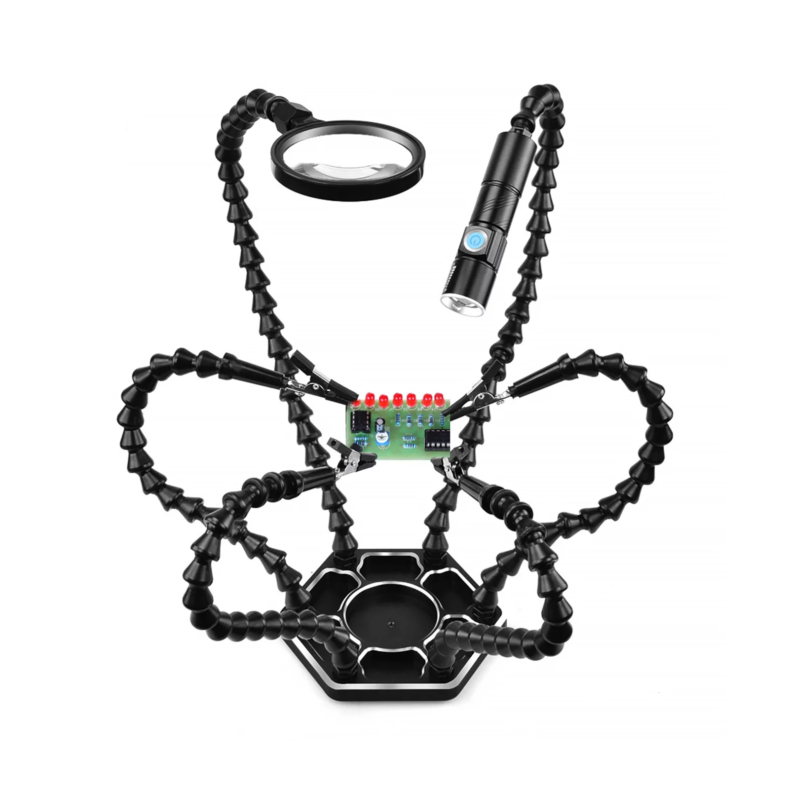 Walmeck Helping Hands Soldering Third Hand PCB Tool with 6 Flexable Arms Light Rotatable Clips and Stable Desk Clamp Base for Soldering Assembly  Modeling DIY Black