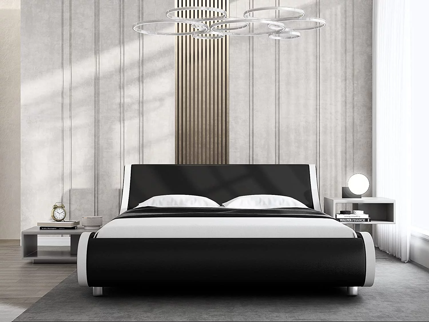 Allewie Modern Low Profile Wave-Like King Size Platform Bed Frame with Leather Curved Adjustable Headboard, Black and White Border