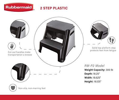 Rubbermaid 2-Step Molded Plastic Step Stool, Lightweight with Slip Resistant Treads and Non-Slip Feet, Black (Amazon Exclusive)