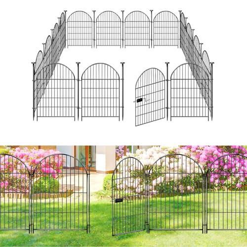 ADAVIN Garden Fence Animal Barrier with Gate 32 in(H)×35 Ft(L) 16 Panels,Rustproof Metal Wire Tall Fencing Border for Dogs Rabbits,Outdoor no dig pet Fences,Black Flower Edging for Yard,Arched