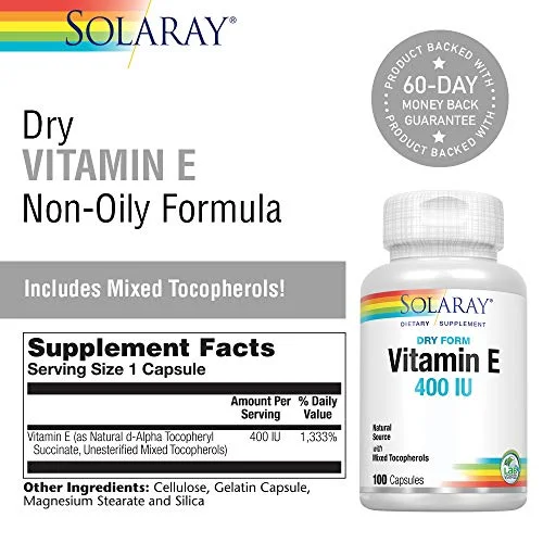 SOLARAY Vitamin E, Dry 400 IU w/Mixed Tocopherols Non-Oily Healthy Cardiac Function, Antioxidant Activity & Skin Health Support 100 Capsules