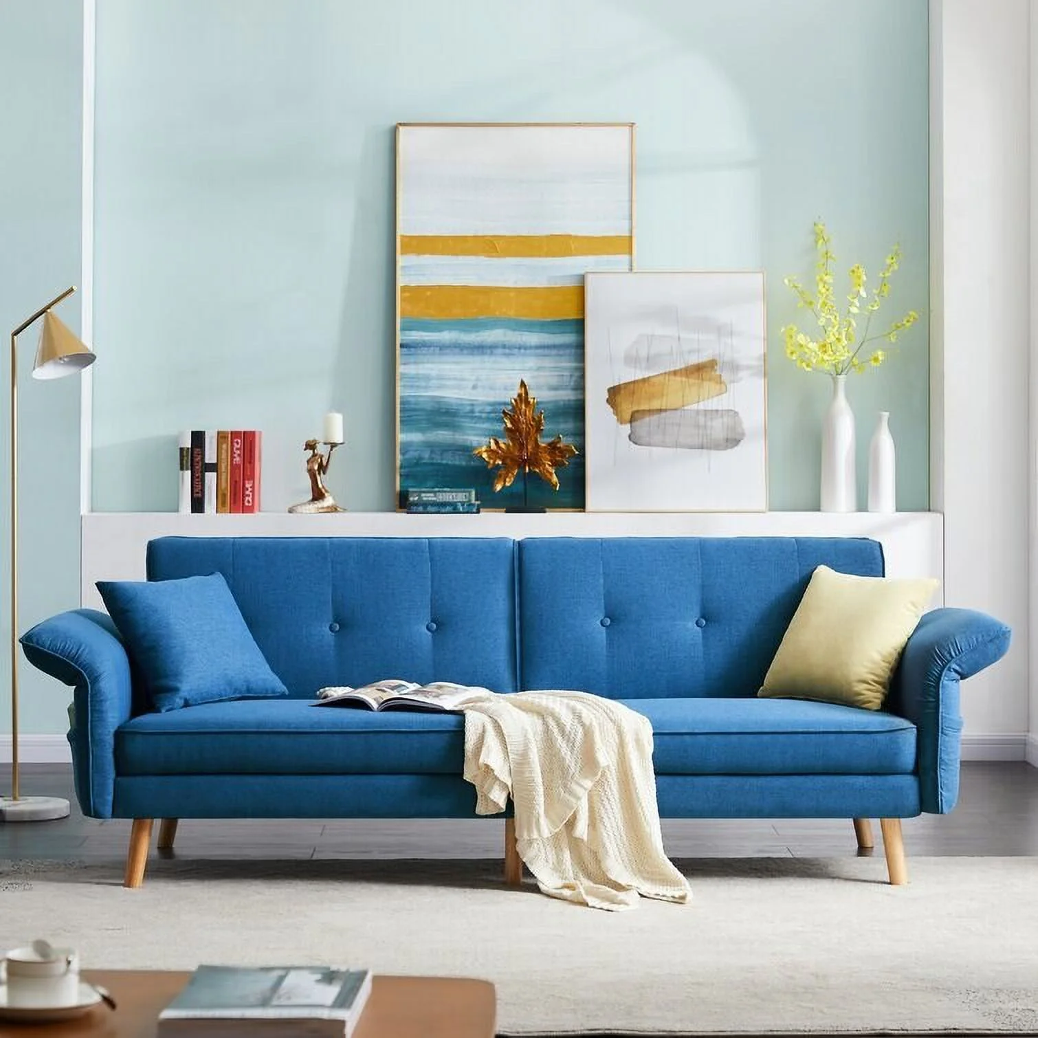 DENOSEN  Convertible Futon Sofa Bed with Adjustable Armrest/Backrest Blue