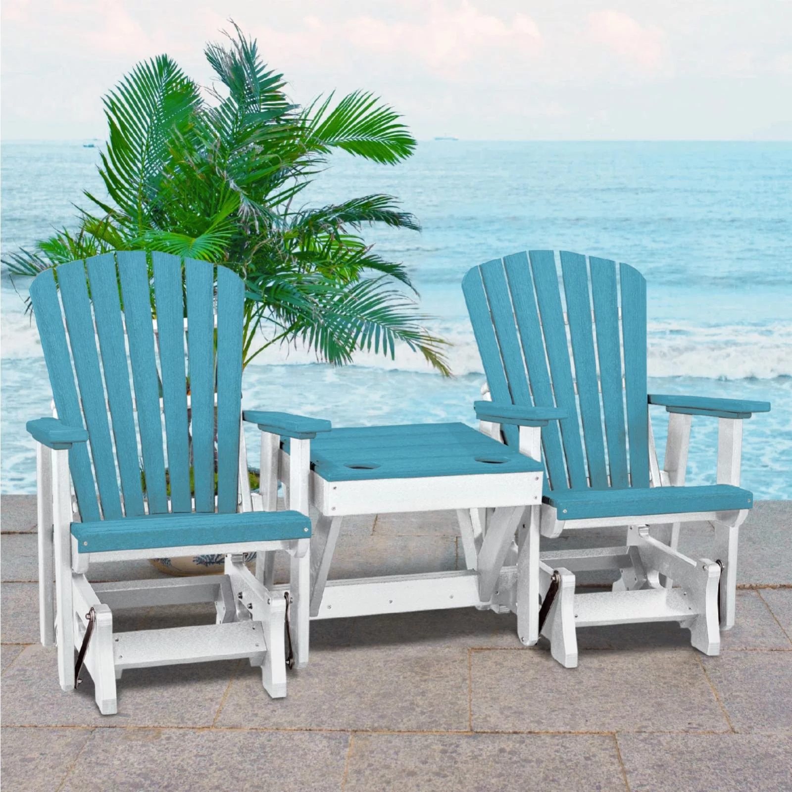 OS Home and Office Furniture Resin Double Glider w/Center Table in White/Blue