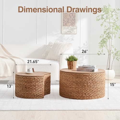 Round Nesting Coffee Table Set of 2 with Storage - Handwoven Wicker Rattan Ottoman Style, Boho Coastal Coffee Tables for Living Room, Rattan Coffee Table with Cushion Base & Solid Wood Cover