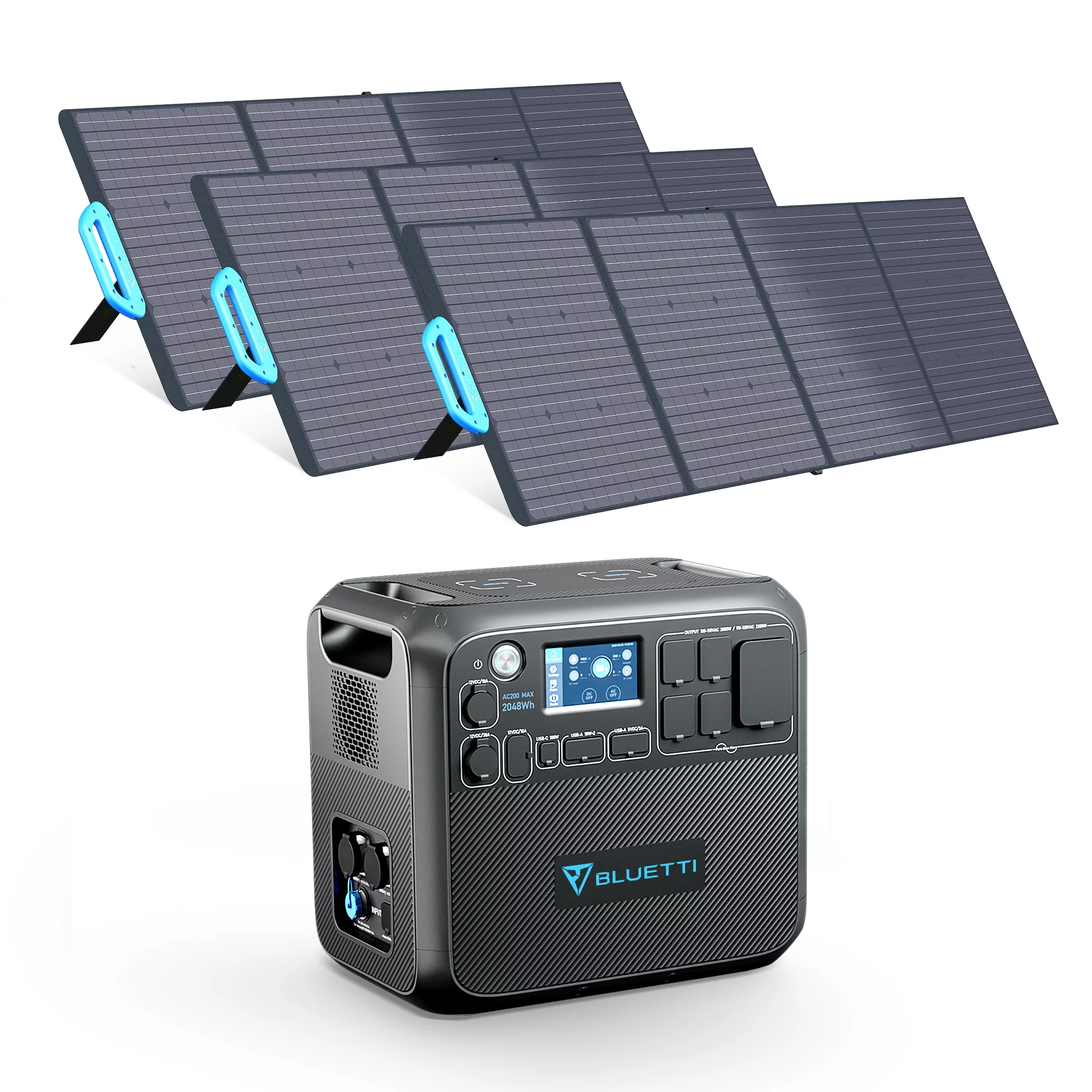 Bluetti Portable Solar Generator With 3 PV200 200W Solar Panels Included, AC200MAX 2048Wh Power Station, LiFePO4 Battery Pack Expandable to 8192Wh for Home Use,Trip,Emergency