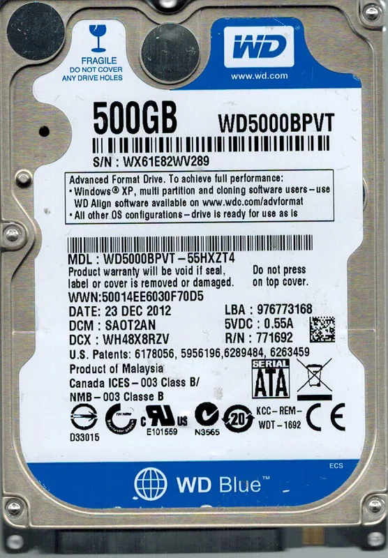 Western Digital WD5000BPVT-55HXZT4 500GB DCM: SAOT2AN