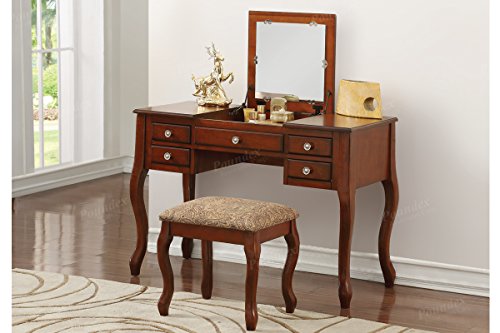 Poundex F4147 Bobkona Cailyn Flip Up Mirror vanity Set with Stool in Cherry
