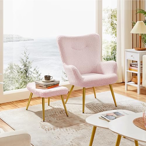 Yaheetech Boucle Accent Chair and Ottoman Set, Sherpa Armchair with Golden Metal Legs, High Back Reading Chair and Footstool for Living Room, Bedroom, Lounge, Ivory