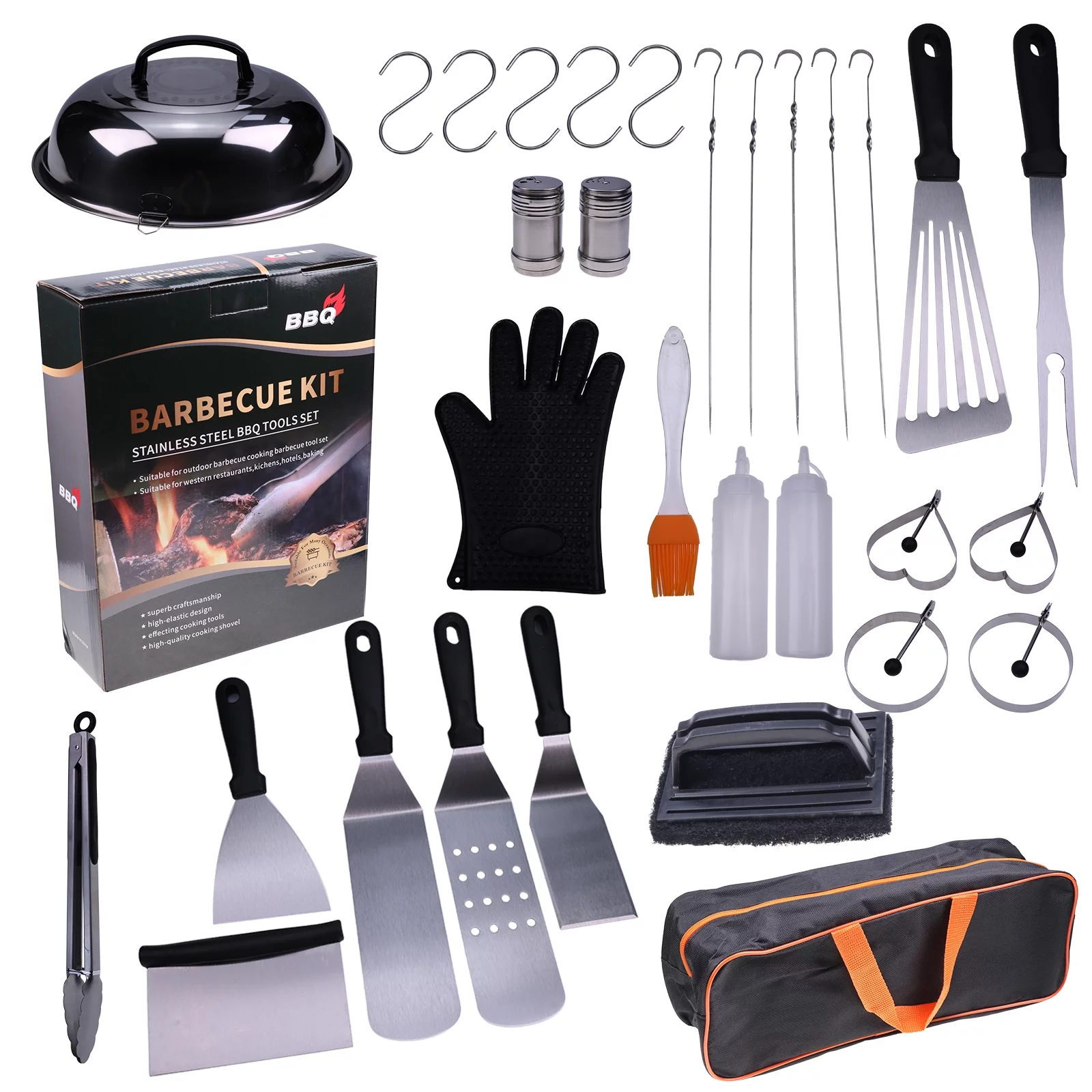Hvacstar 32Pcs BBQ Tools Grill Tools Set Yard Grilling Party Essential Kit Stainless Steel Griddle Tools Set for Outdoor Barbecue & Camping